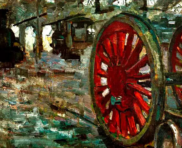 Las ruedas rojas, cuadro al detalle de Hermann Pleuer.