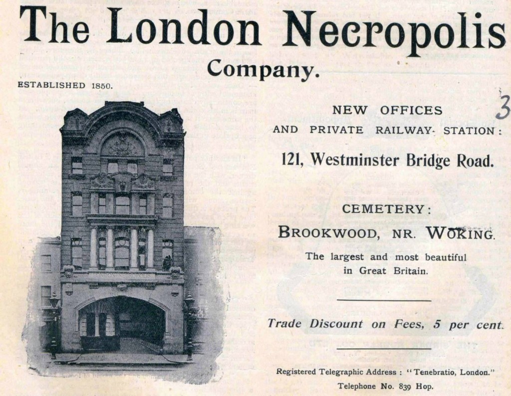 Anuncio de la London Necropolis Company, con cementerio y tren privado con destino al más allá. Foto: Funeral Director Monthly. 