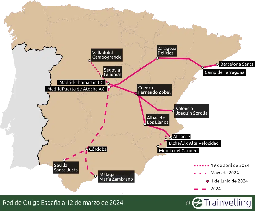 Plano de la red de Ouigo España a 12 de marzo de 2024