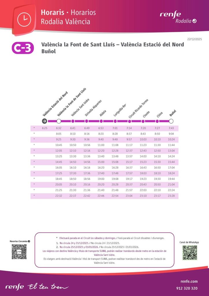Horarios de la C-3 de Cercanías Valencia sentido Buñol desde el 22 de diciembre. © RENFE.