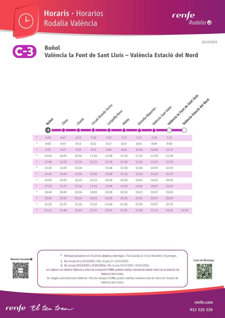 Horarios de la C-3 de Cercanías Valencia sentido València Nord desde el 22 de diciembre. © RENFE.