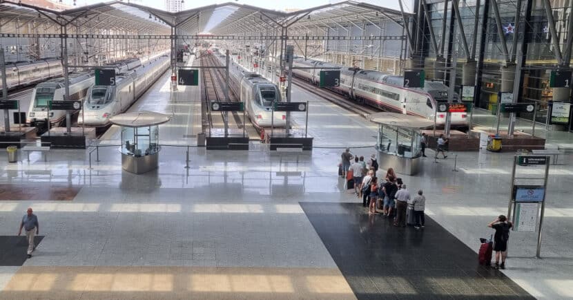 Trains at Málaga-María Zambrano station (CC BY SA) CABEZA2000-Wikimedia Commons. Cropped image.