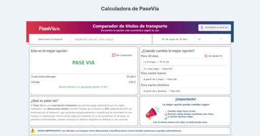 Captura de pantalla de la calculadora del Pase Vía en la web de Renfe.