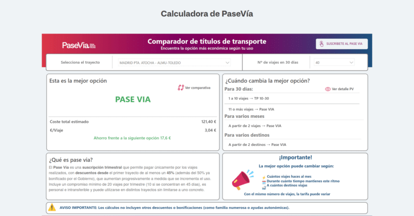 Captura de pantalla de la calculadora del Pase Vía en la web de Renfe.